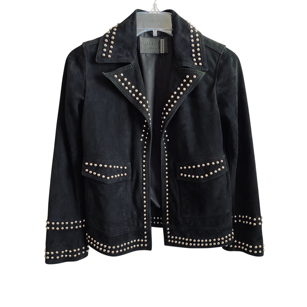AllSaints Evans Black Studded Goat Suede Jacket XS Western Rock